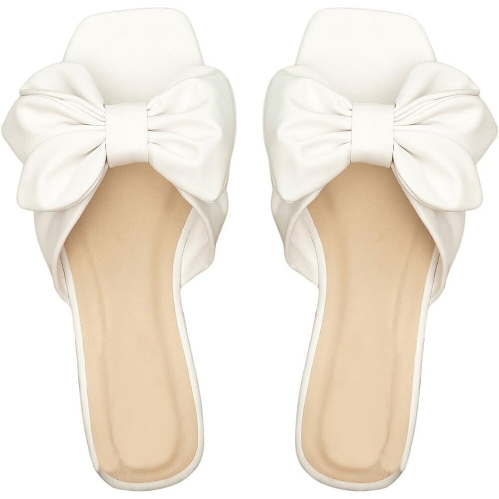 Women's Bow White Square Open Toe Breathable Slip On Slide Sandals Flat Shoes